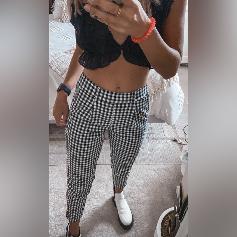 Bershka Black and White Checkered Cropped Pants